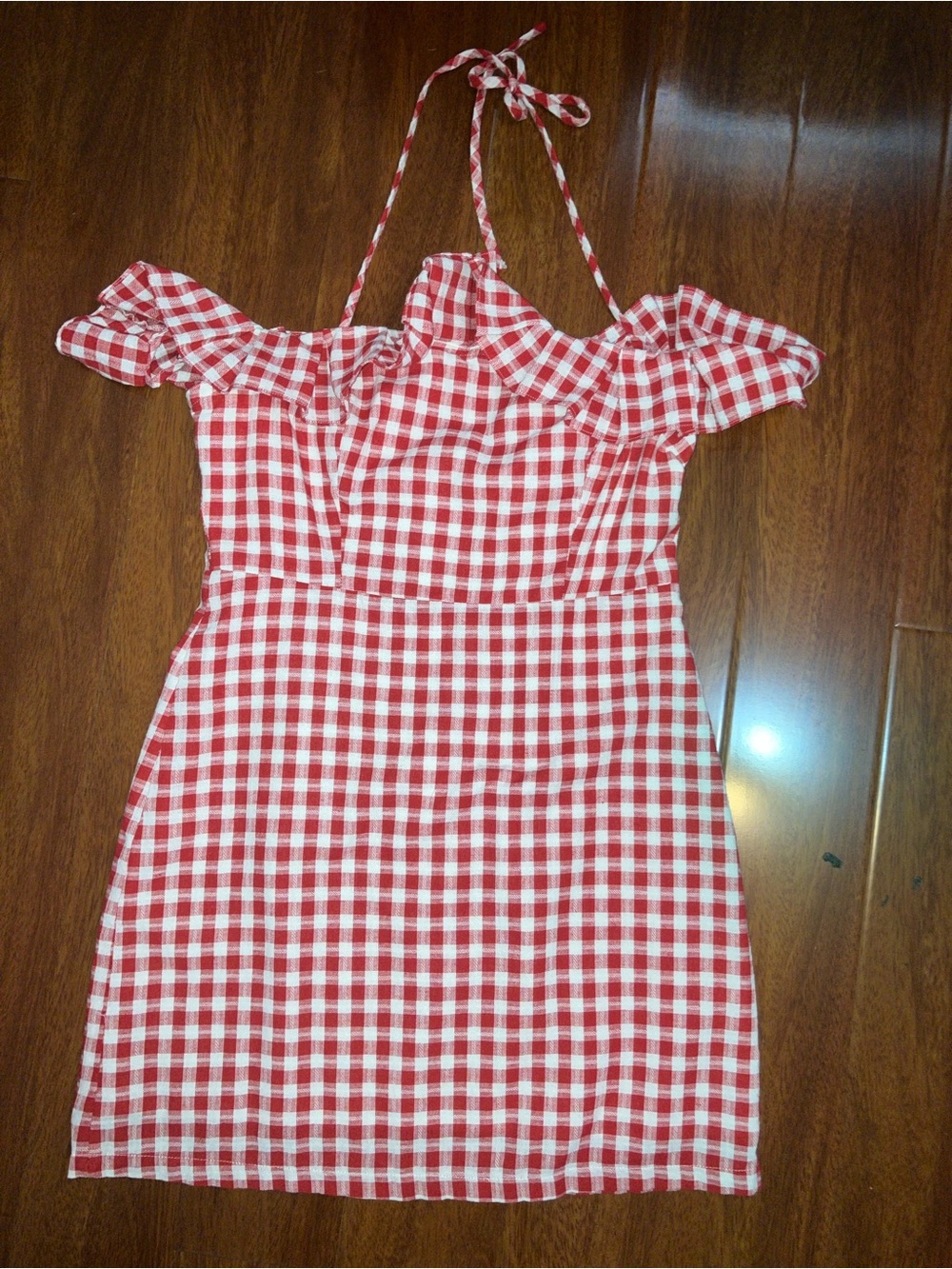 Vintage Red Gingham Off-Shoulder Women’s Dress with Halter Tie